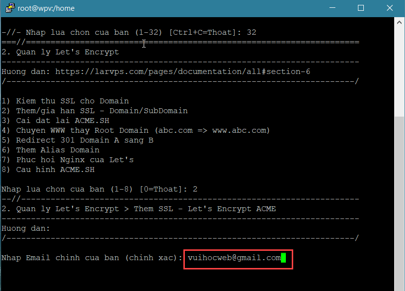 Nhập Email đăng ký Let's Encrypt SSL