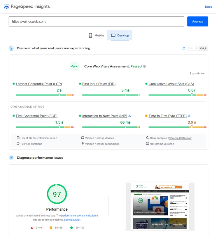 Core Web Vitals VUIHOCWEB