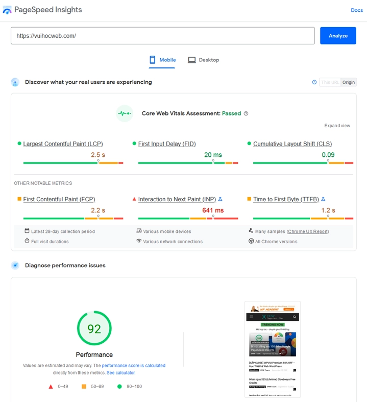 Tối ưu tốc độ Core Web Vitals VUIHOCWEB